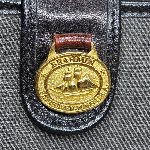 BRAHMIN Addison Chocolate Twill & Brown Leather Satchel Top Handle Bag Vintage - Picture 4 of 16